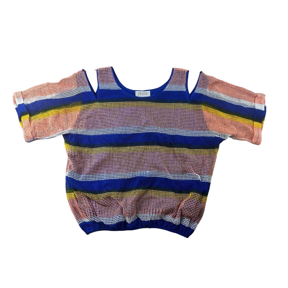 Pogia by d Polimeni Blouse Women 10 Multi Color Cold Shoulder Striped Vacation